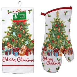 Christmas Tree with Gold Accents Merry Christmas 2-Piece Kitchen Set – Includes 1 Oven Mitt & 1 Towel, Festive Holiday Kitchen Decor & Gift