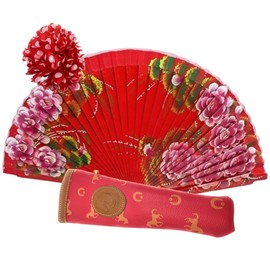 Planta Color Holzfächer mit handbemalten Blumen, inklusive Hülle zum Schutz des Fächers. Haarklammer mit Blumenmuster, um Ihren Stil zu ergänzen, Rot 7131, 56
