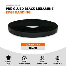 Black Edge Banding 3/4 inch x 25 ft Melamine Iron On Adhesive Edging Cabinet Repair Laminate Shelf Board Countertop Furniture Strip Wood Veneer Tape Trim Peel Stick Cabinet Molding Vinyl PVC Iron