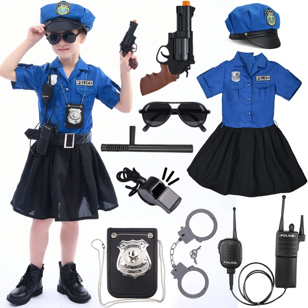 Deguisement/Costume Policier avec Accessoires Chemise Jupe Ceinturon Casquette Police Lunettes Walkie Talkie pour Enfant Fille Halloween Carnaval