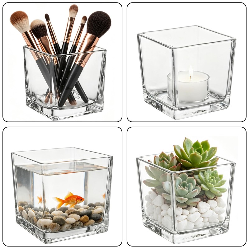 Square Glass Vase, Clear Glass Cube Makeup Brush Holder, Multi-Purpose