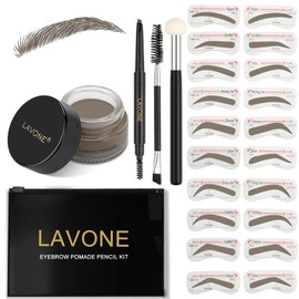 LAVONE Eyebrow Stamp Stencil Kit - Brow Stamp Trio with Waterproof Eyebrow Pencil, Pomade, 20 Stencils, Dual-ended Brush and Sponge Applicator - Dark Grey