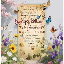 Happy Birthday in Heaven Door Banner Remembrance Memorial Decorations Funeral Memorial Banner Happy Heavenly Birthday Remembrance Sign for Cemetery 70.8 * 35.4 inch Yellow