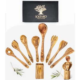 SOLTAKO Olive Wood Kitchen Utensils Set of 8 "Michelin Set" with Container, Cooking Spoon, Spatula, Salad Servers, Soup Ladle Made of Olive Wood