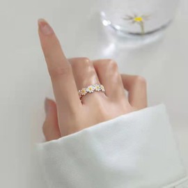 Chunky Daisy Flower Open Band Statement Rings for Women Girls Adjustable Enamel Sunflower Wedding Engagement Promise Finger Ring Dainty Eternity Romantic Jewelry Gift