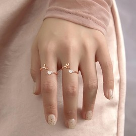 MILACOLATO 925 Sterling Silver Ring 18K Rose Gold Plated Initial Heart Rings Adjustable Capital Letter Initial Rings for Women Stackable Thumb Pinky Rings Trendy Stuff, E
