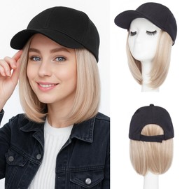 MY-LADY Hat Wig Hat with Hair Attached for Women Baseball Cap with Hair Extensions Adjustable Short Straight Synthetic Hairpiece 5" Black Cap to 16P613