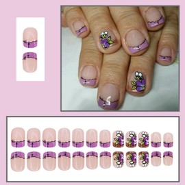 Purple Flower Press on Nails Short Square Fake Nails French False Nails Full Cover Spring Summer Glue on Nails with Lovely Bee Designs Acrylic Nails Stick on Nails for Women Nail Art Decor 24 Pcs