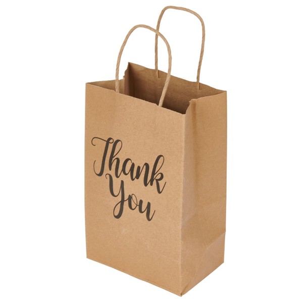 Small Kraft Thank You Paper Shopping Bags - 5"L X 3.5"D X 8.25"H - Case of 100