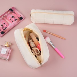 SOIDRAM Makeup Bag Checkered Cosmetic Bag Plush White Makeup Pouch 1Pcs Large Capacity Makeup Bags and 1Pcs Makeup Brushes Storage Bag Travel Toiletry Bag Organizer