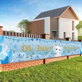 LOONELO Welcome Baby Shower Backdrop with 118"X19.6", Oh Baby It's a Boy Porch Banner Sign, Long Size Welcome Baby Door Hanging Banner for Welcome Baby Shower Party Decorations Indoor Outdoor
