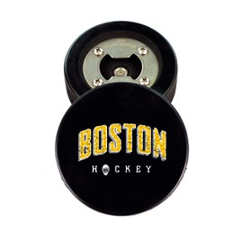 Boston Bottle Opener, Made from a Real Hockey Puck, Cap Catcher Magnet, Drink Coaster, Hockey City Design, The PuckOpener