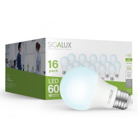 Sigalux A19 LED Light Bulb 60W Equivalent, E26 Medium Base 5000K Daylight 800LM, Non-Dimmable LED 9.5 Watt Standard Light Bulbs, UL Listed, 16 Pack