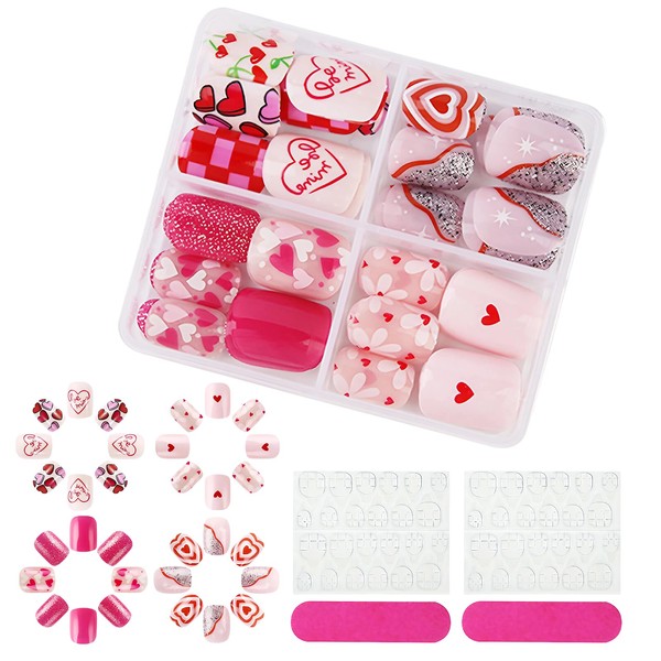 96 Pcs Kids Stick on Nails, Pink Heart Press on