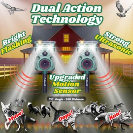 2 Pack Solar Ultrasonic Animal Repellent - Motion Activated Deterrent - Extended Coverage for Farm, Orchard, Garden Large Yard Wildlife Defense - Waterproof Raccoon, Deer, Bird, Cat Repellent