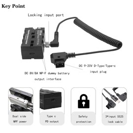 NPF3-SE Dual-Side NPF Dummy Battery with Type-C&D-Tap Input to 5525 Lock Cable Compatible with NP-F550/570/750/770/970 Power LED Light Atomos/Shinobi/SMALLHD Monitor for V Mount Battery