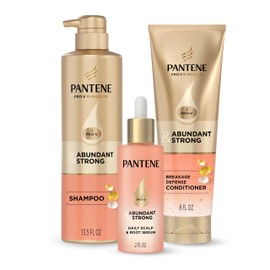 Pantene Abundant & Strong 3-Piece Regimen with B5 Complex + Niacinamide, Shampoo (13.5 oz), Conditioner (8 oz), Serum (2 oz) for Hair Loss, Thinning, Anti-Breakage, Volume - Grows Healthier