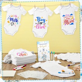 Panitay 126 Pcs Baby Shower DIY Bodysuit Set Rustic Kraft Baby Shower Game Sign DIY Bib 25 Blank White Newborn Bodysuit 25 Stencils 24 Marker 1 Sign 50 Pins for Gender Reveal(Blue Elephant)