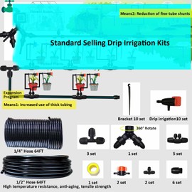 Drip Irrigation System Drip Irrigation Kit 64ft 5/16“ID Inche 64FT 1/4 Inch OD Pipe Kits Solutions for Large Gardens with Low Water Pressure Away from The Water Source