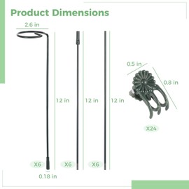 6 Pack Plant Support Stakes with 24 Fixing Clips, 12 Inch Heavy-Duty Metal Support Rings Single Stem Support Cages for Indoor Outdoor Potted Plants Flowers Peony Amaryllis Tomatoes