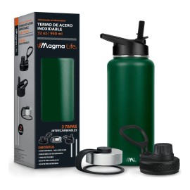 Magma Life Termo para Café y Agua de Acero Inoxidable 32 Oz (950 ml): Contiene 3 Tapas para Diferentes tipos de Bebidas, Ideal para Mantener la Temperatura Deseada (Verde)