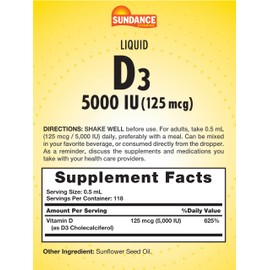 Sundance Liquid Vitamin D3 5000 IU | 2 Fluid Ounces | Essential Vitamin Liquid Drops | Vegetarian, Non-GMO, and Gluten Free Supplement
