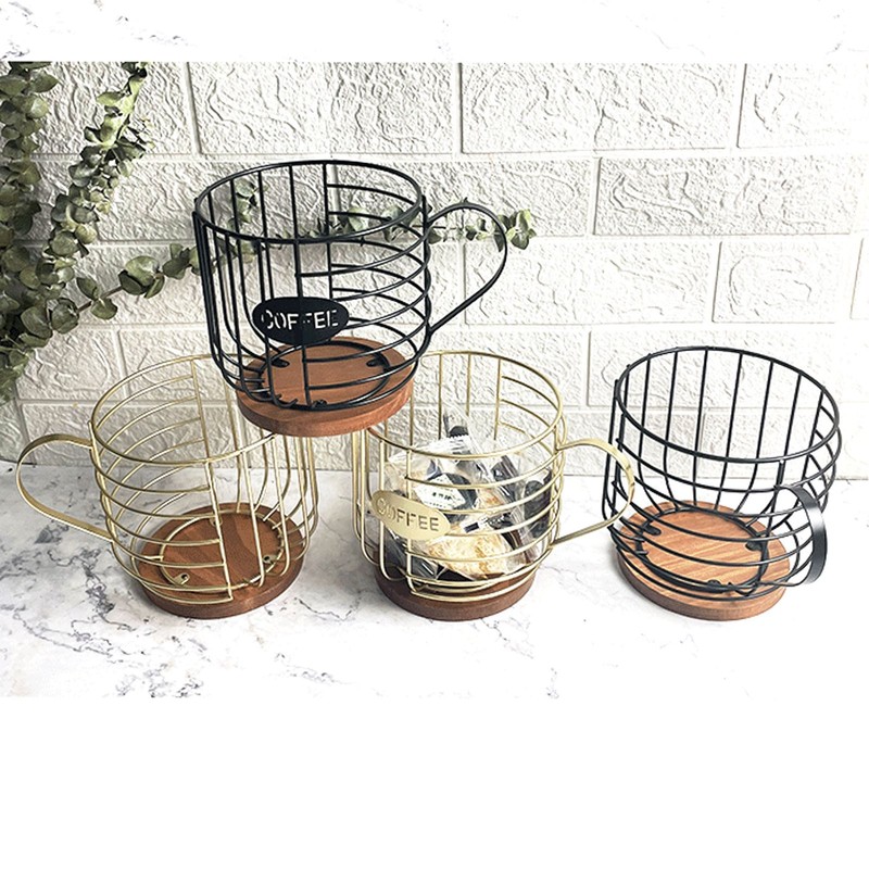 Coffee Pod Holder Iron Large Capacity Space Saving Wooden Base
