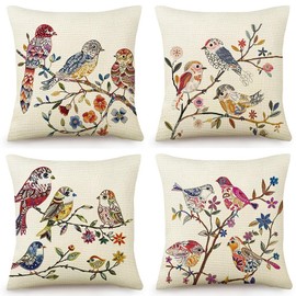 BCKAKQA Set of 4 Cushion Covers 45cm x 45cm Birds Boho Throw Pillow Covers 18x18 inches Linen Square Pillow Cases Decor for Living Room Bedroom Sofa Couch Bed (Colorful)