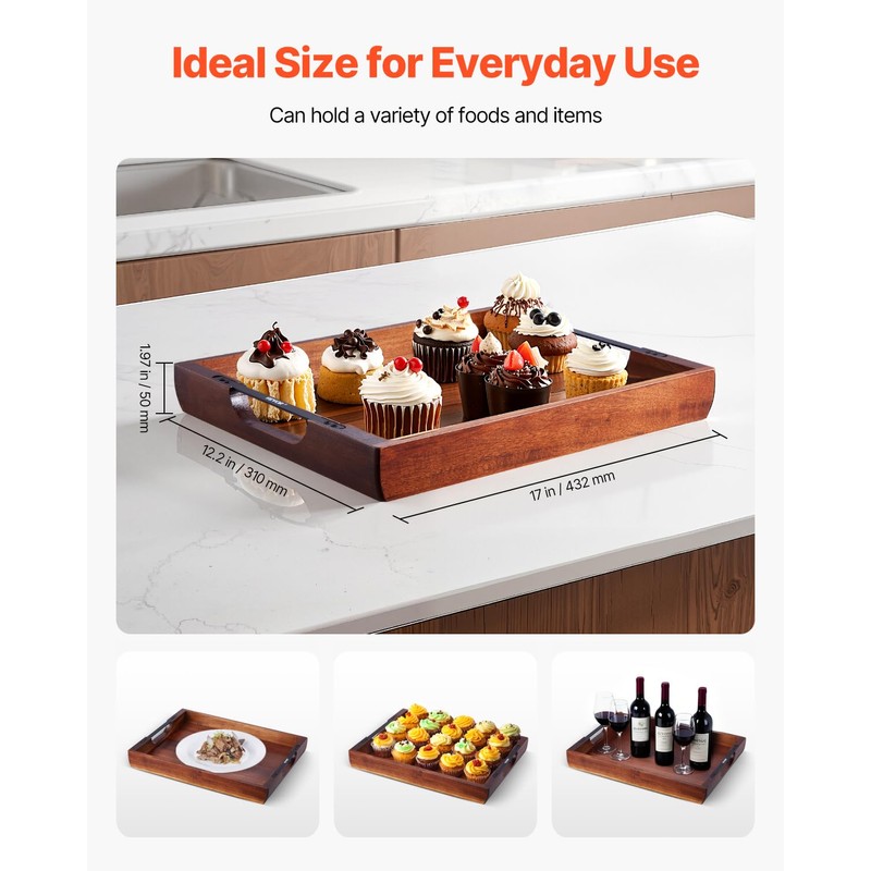 VEVOR Wood Serving Tray, Acacia Wooden Tray Board with Handles,