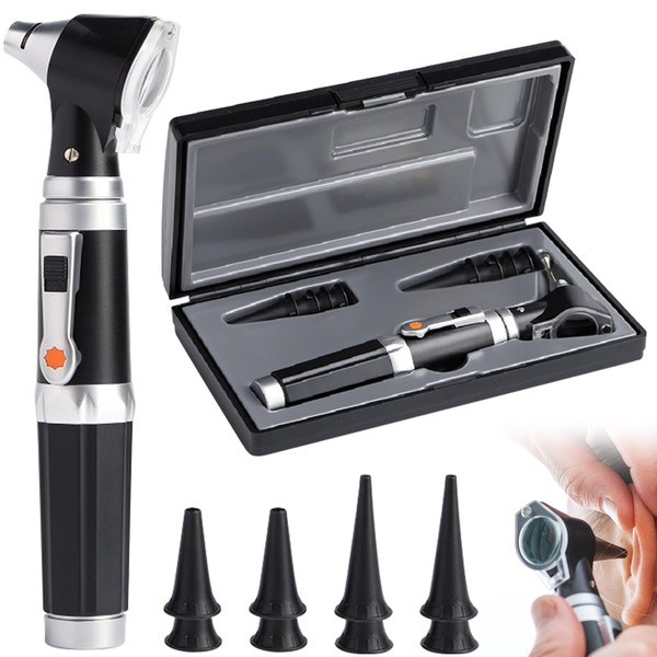 Acboor Otoscope with Light with 3x Magnification and 4 Speculum Tips Size, 8 Ear Plugs Otoscope Set with Hard Plastic Case for Adults and Children and Pets Black