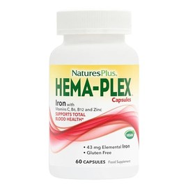 NaturesPlus Hema Plex Capsules - Gentle, Fast Acting Iron Capsules with Vitamin C, Methyl B12, Folate - Blood Health and Energy Support - Vegan, Gluten Free - 60 Capsules