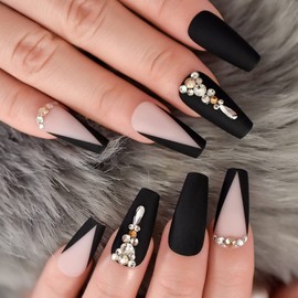 LINSSQ 3D Rhinestones Black Pink Frosted Press on Nails, Medium Length Coffin False Nails, Beauty Manicure Kits Reusable Fake Finger Stones Nail Art Tips for Daily Office Party