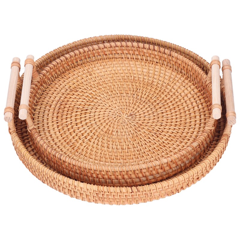2PCS Hand Woven Rattan Tray Round Serving Tray Tea Fruit