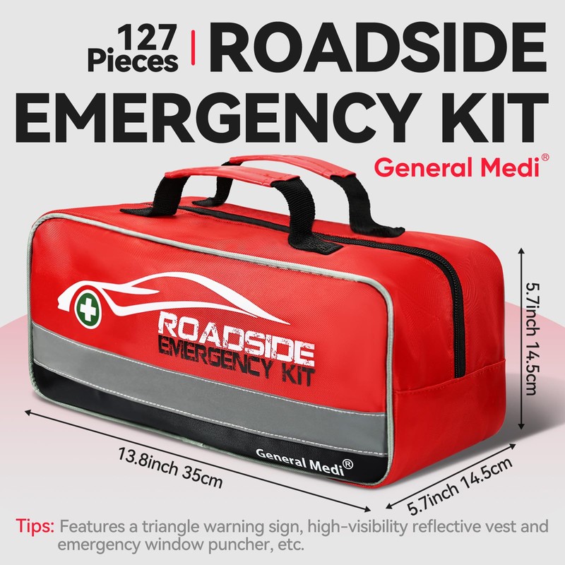 General Medi 127-Pieces Roadside Car Emergency Kit Include Mini First