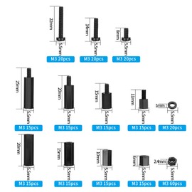 Ewwtrey Pack of 260 M3 Nylon Hex Bolts Nut Circuit Spacer, Male Female Screws Nuts Assortment Set (Black, 260 Pieces M3)