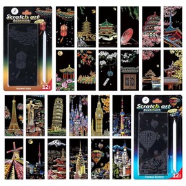 Xvbhaq 24 Sheets Scratch Pictures for Children, World Famous City Night Scene Scratch Paper, DIY Children Scratch Art Set, Youth Chinese New Year's Eve Light Art Scratching Board