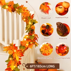 Fall Garland for Mantle, 6FT Pre-Lit Realistic Garland with Lights, Fall Leaves Chrysanthemum Garlands for Table Centerpiece Door Window Fireplace Home Indoor Outdoor Fall Thanksgiving Decorations