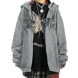 MISSACTIVER Women’s Casual Graphic Printed Hoodies Oversized Zip Up 90S E-Girl Streetwear Grunge Jacket Grey