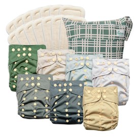 Babies Beginning 7-Pack Reusable Cloth Diapers with AWJ Interior – Includes 14 Absorbent Inserts and 1 Wet Bag – Adjustable, Waterproof, and Washable (Serene Sands, Cotton Inserts)