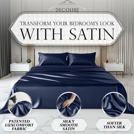 DECOLURE Satin Sheets Queen Size Bed Set 4 Pcs - Elegant Satin Bed Sheets w/ 15 inch Deep Pocket - Hypoallergenic, Double Stitching, Wrinkle Free - Silky & Luxuriously Soft Satin Bedding (Navy Blue)