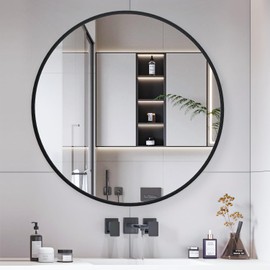 CONGUILIAO Black Round Mirror 28 Inch, Circle Wall Mirror, Large Bathroom Mirror, Round Mirror for Vanity, Living Room, Washrooms, Entryways (28in, Black)