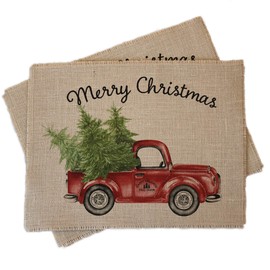 Christmas Holiday Burlap Placemats - Set of Two Place Mats Farmhouse Xmas Table Decorations, Rustic Winter Decor (Vintage Red Truck Merry Christmas)