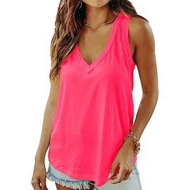 Smile Fish Women Summer Deep V Neck Tank Top Loose Fit Flowy Sleeveless Shirt Cotton Neon Hot Pink,XXL