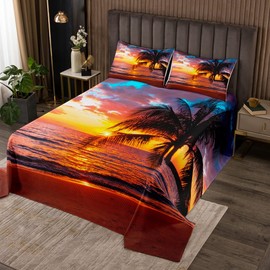 Erosebridal Beach Sunset Bedspread,Tropical Palm Tree Coverlet Set,Sea Ocean Quilt Set King Size Seaside Landscape Coastal Theme Bedding 3Pcs with 2 Pillowcases,Home Room Decor