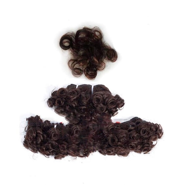 Chisu Peruvian Virgin Hair Bouncy Curly Human Hair Weave Bundles 6 Inch Short-Cut Bob Style Brown Color(3 bundles 6 inches+1 piece crown closure = about 119grams)