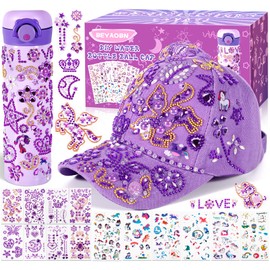 BEYAOBN Gifts for Girls DIY Water Bottle and Baseball Cap, Craft Set Children's Drinking Bottle with Gemstone Stickers Glitter Stickers, Girls Birthday Gifts 4-12 Years Crafts, Purple