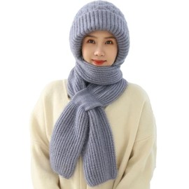 OKSakady 2-in-1 Hat Scarf Integrated Ear Protection Windproof Cap Scarf Winter Warm Knitted Hat Scarf, blue