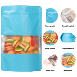 100 Pack Smell Proof Bags, Resealable Mylar Bags with Matte Window, Foil Pouch Stand-up Bags for Food Self Sealing Storage, Scratch Resistant Hand Storage Bags.(Blue, 4.7×7.9 Inch)