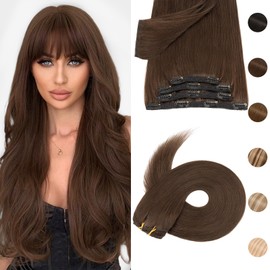 Silk-co Clip in Hair Extensions Real Human Hair Remy Double Weft With Lace Coverd Clip in Silky Straight Natural Thick Hair Seamless 7pcs 16Clips 100g 14Inch #02 Dark Brown