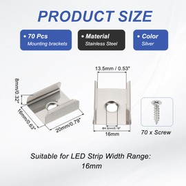 PATIKIL LED Strip Clips, 70pcs Stainless Steel Mounting Brackets Fixing Clip Clamp Support Holder with Screws for 16mm LED Strip Lighting Cable